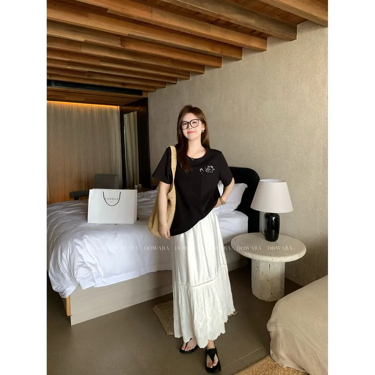 现货大婉酱微胖定制短袖T恤2025春夏新款韩系设计感正肩上衣6660D