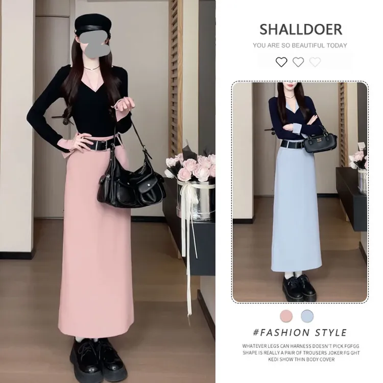 多巴胺减龄时尚套装女2025春秋新款翻领撞色针织长袖半身裙两件套