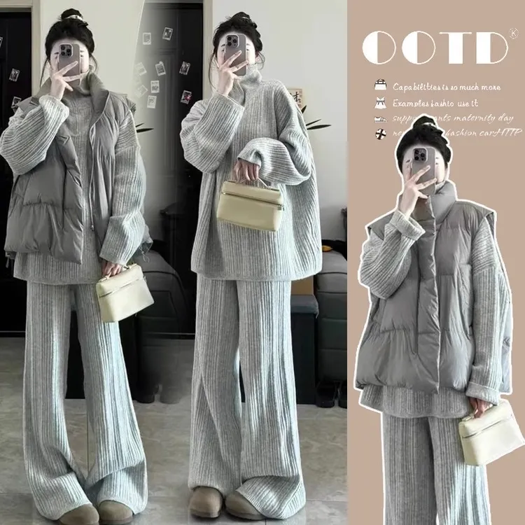 孕妇套装秋冬2025新款灰色时尚洋气宽松针织毛衣中长款上衣两件套