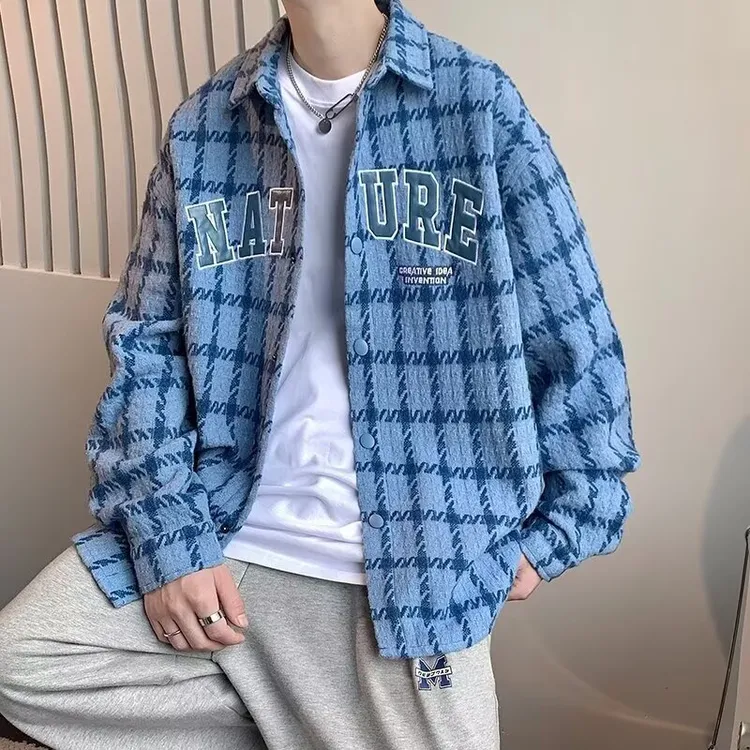 小香风毛呢夹克男情侣格子衬衫外套美式复古潮牌休闲宽松工装上衣