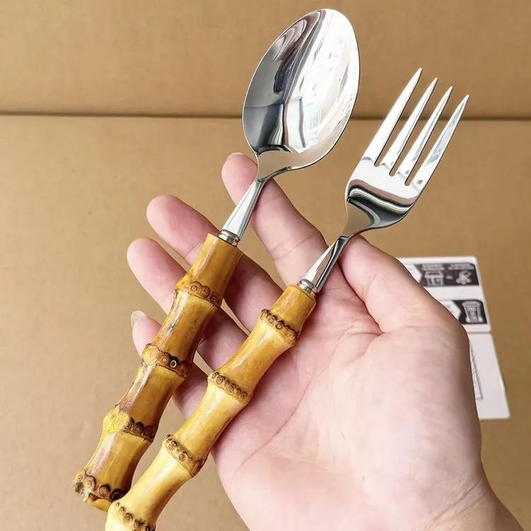 304不锈钢勺子叉子天然竹子手柄家用吃饭勺餐厅西餐勺叉餐具