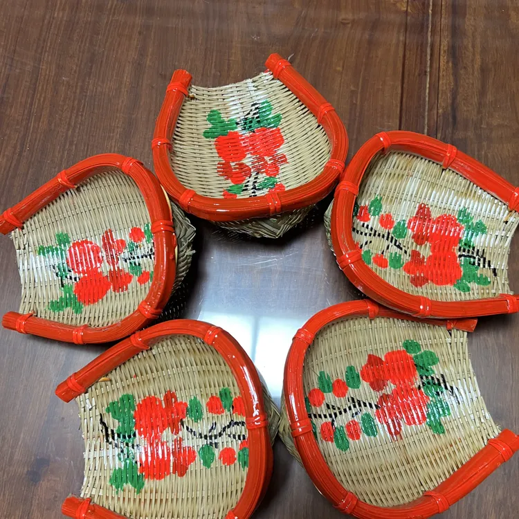 迷你版潮汕手绘石榴竹编小簸箕车载婚庆用品摆件