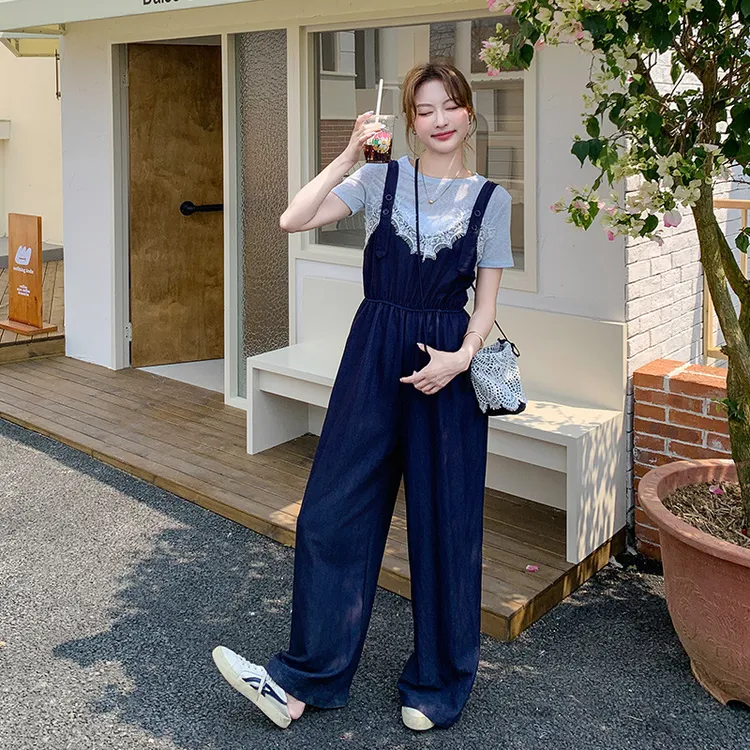 实拍小众蕾丝拼接背带连体裤2025新款韩版白色短袖T恤两件套装女