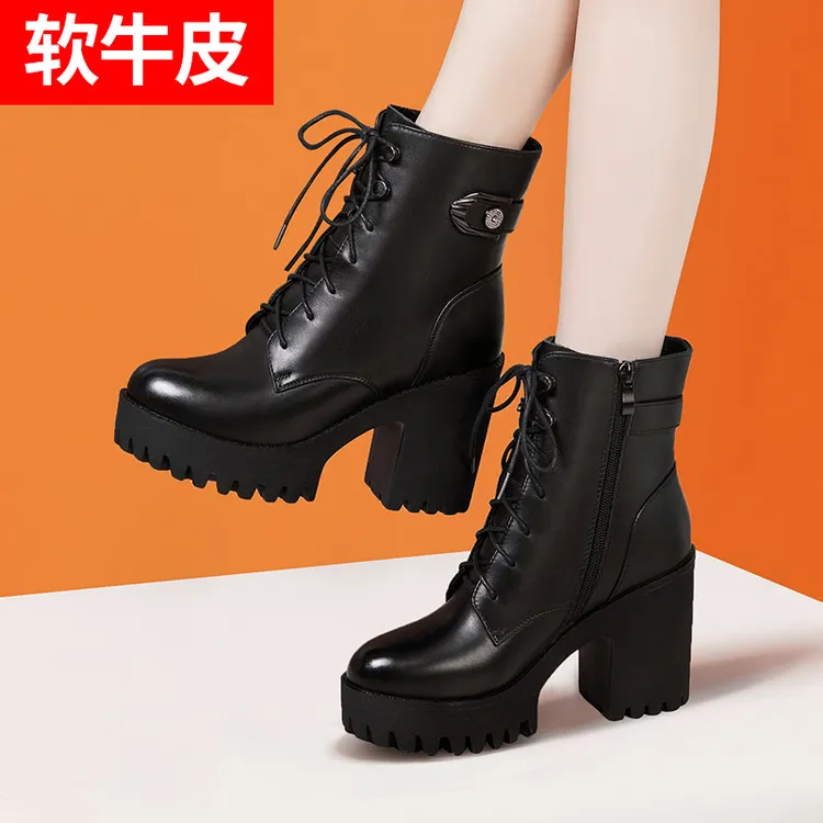 皮面走秀高跟粗跟马丁靴女秋冬新款系带中筒靴防水台大码时尚短靴