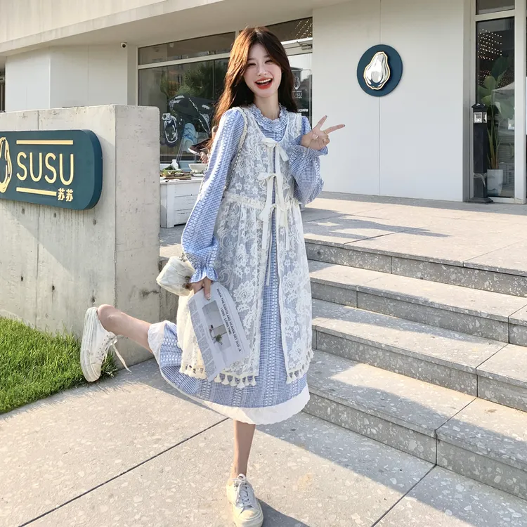蕾丝刺绣印花罩衫蓝色格子连衣裙套装女2025洋气季新款温柔风裙子