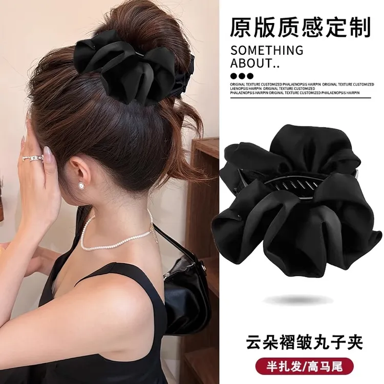 法式缎面褶皱丸子头抓夹专用头饰发饰后脑勺盘发马尾夹高级鲨鱼夹