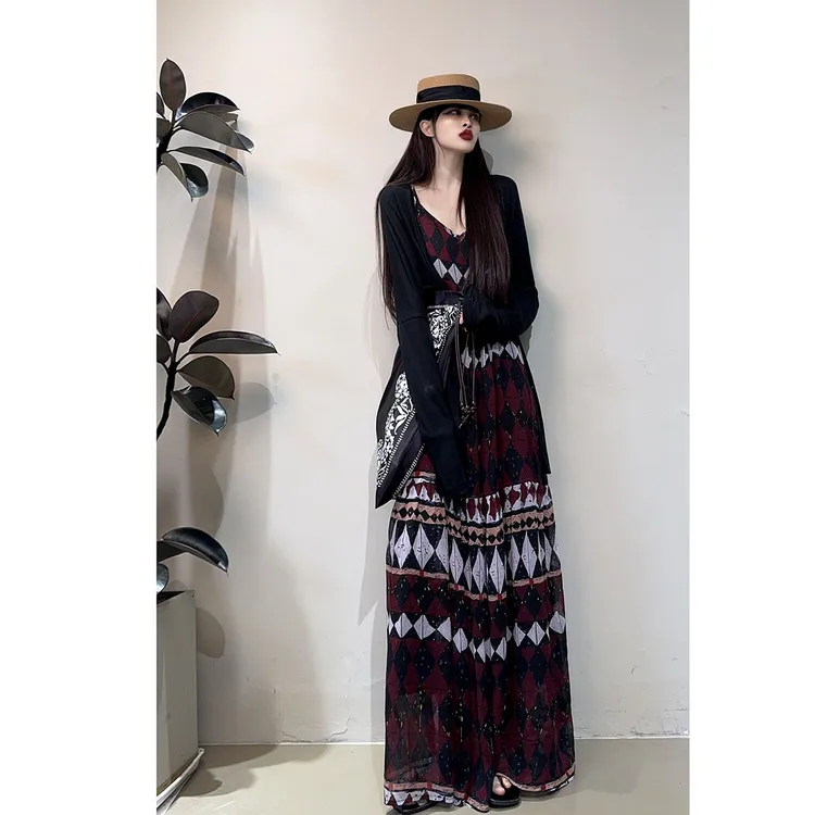 2025年女装新款名族风吊带连衣裙宽松大码高个子加长款连衣裙显瘦