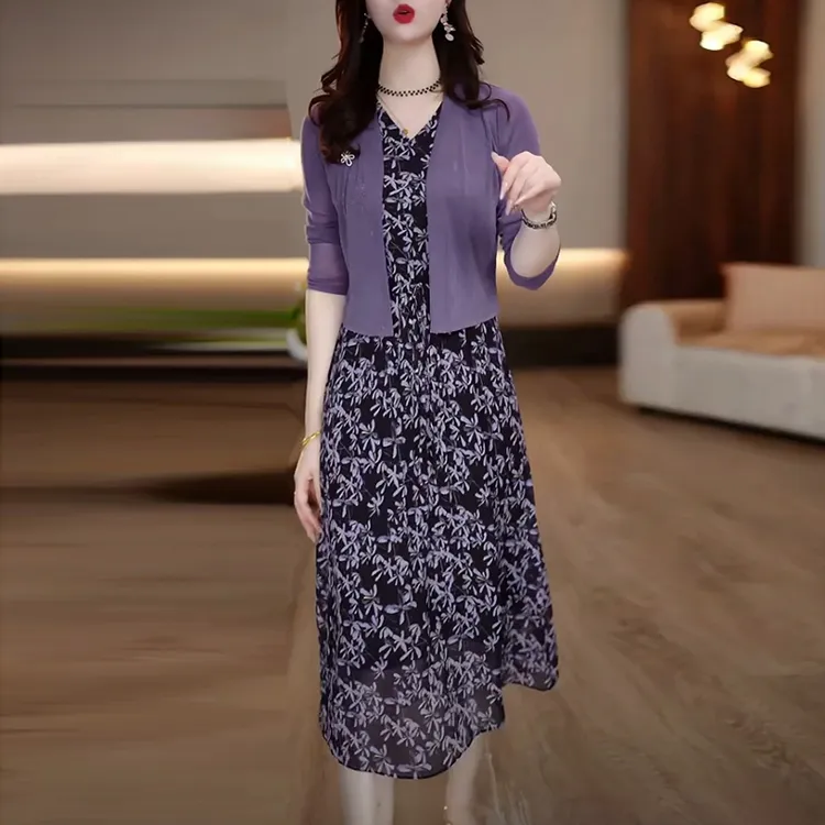 轻羽丝气质时尚套装裙2025春季新款显瘦中长款碎花两件套连衣裙子