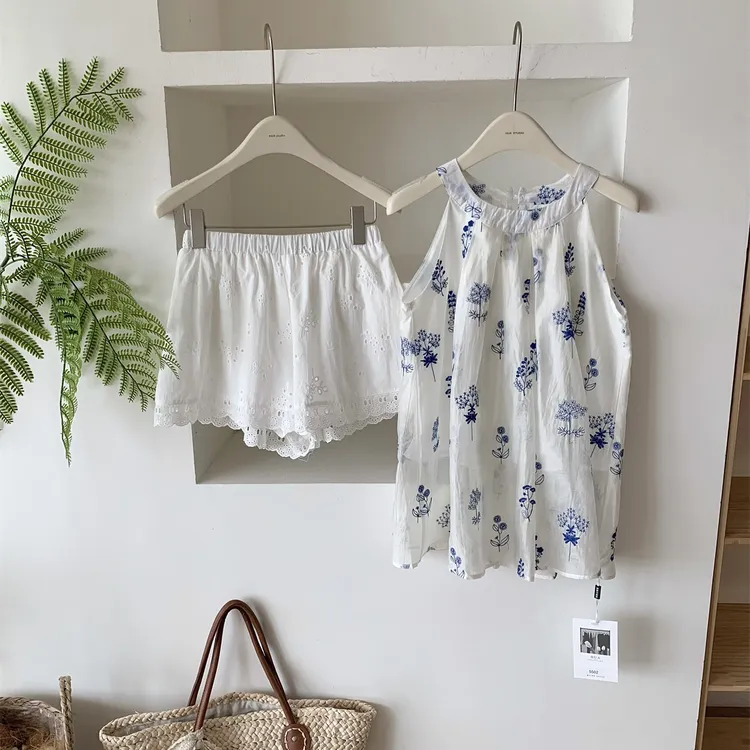 法式氛围感刺绣挂脖度假风短裙夏+花边慵懒风宽松短裤两件套女装