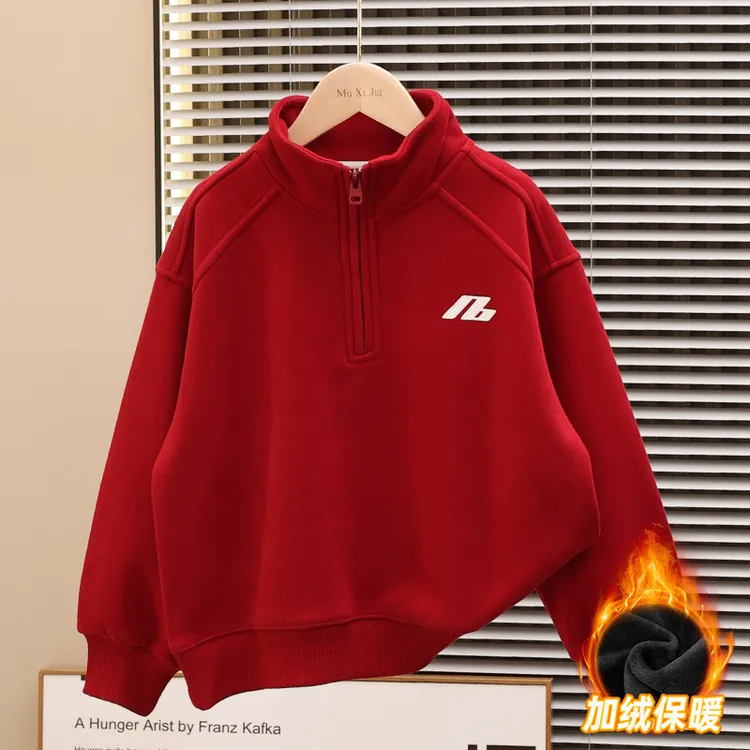 男童冬季加绒红色卫衣2026新款儿童中大童加厚本命新年马年拜年服