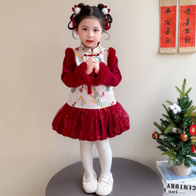 女童拜年服连衣裙冬季儿童国风锦鲤旗袍裙宝宝喜庆过年加厚公主裙