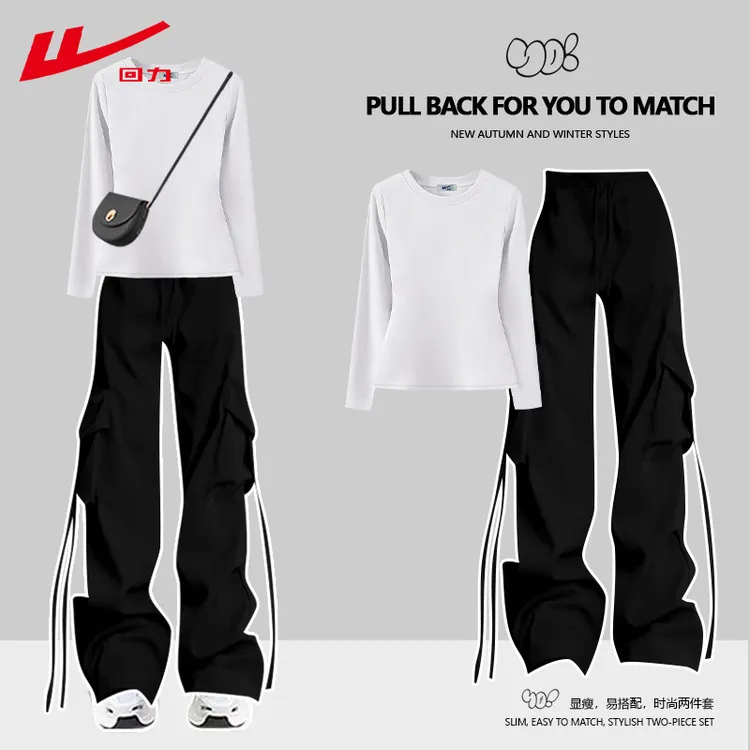 回力长袖甜美休闲辣妹T恤女多巴胺秋冬季纯棉运动工装裤两件套装