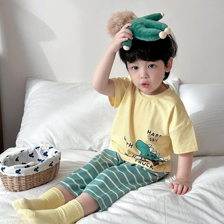 儿童睡衣夏季小中大薄款莱赛尔短袖七分裤防着凉空调服宝宝家居服