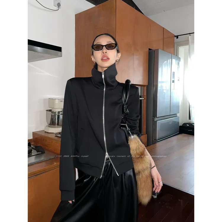 JCCC影子【夜领】黑色空气层线条修身长袖立领卫衣外套JE5BSW16