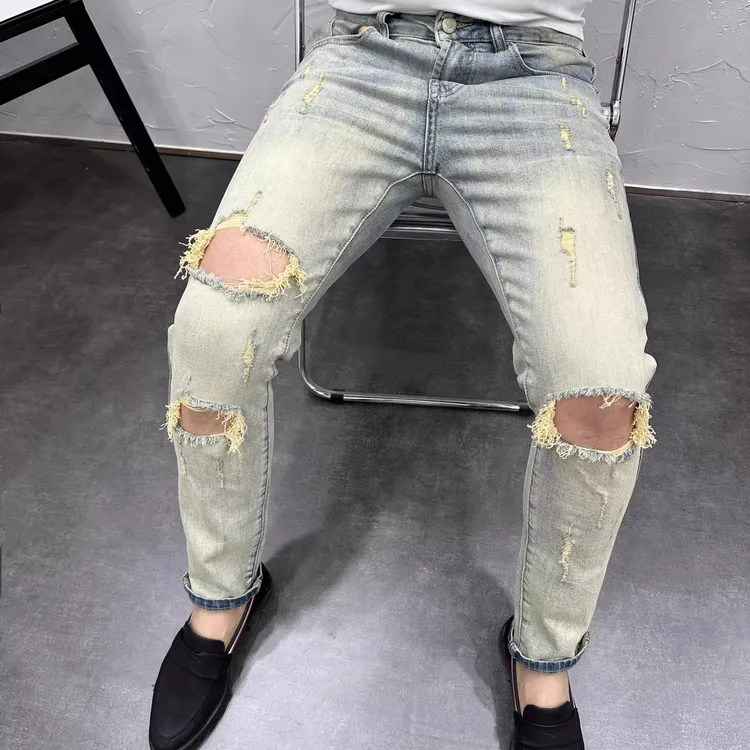 复古做旧蓝水洗破洞工艺修身小脚牛仔裤男士新款弹力潮流百搭男裤