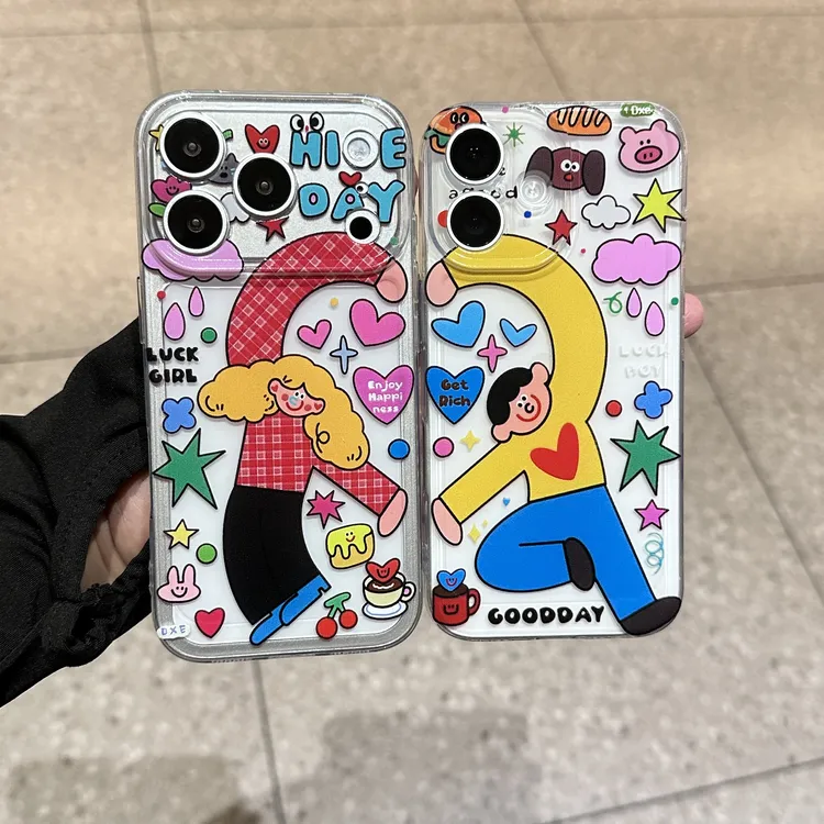卡通比心男孩女孩情侣手机壳适用苹果17p太空壳16pro小米华为15