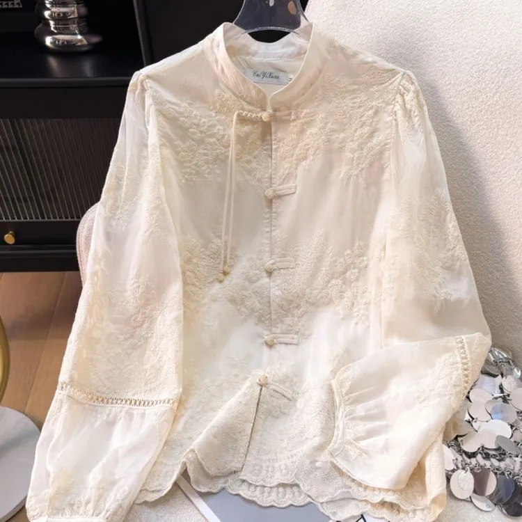 （带内衬）新中式立领刺绣流苏蕾丝衬衫女春夏款显瘦百搭长袖上衣