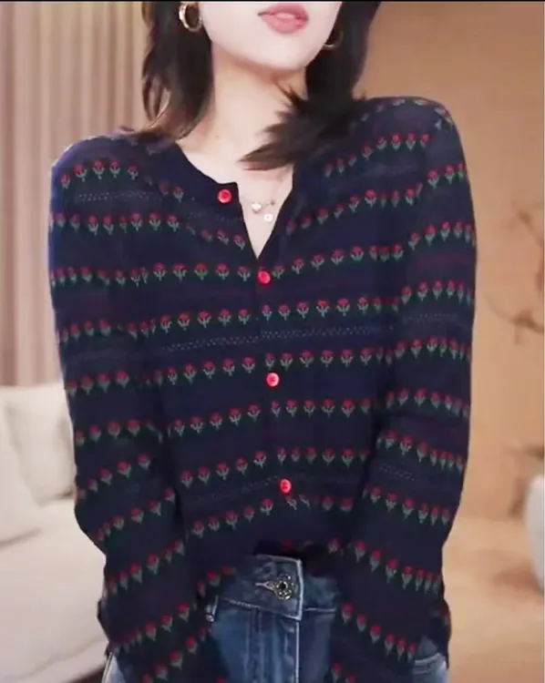 【提花织韵】90-170斤琥珀流光风时尚圆领长袖小花针织开衫女秋冬厚