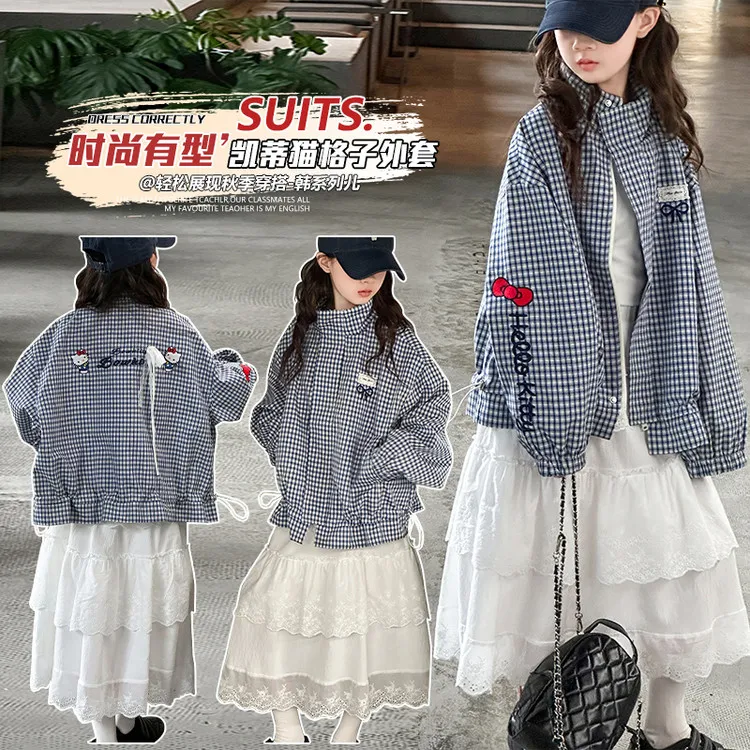 女童外套春秋款2025新款女大童洋气千鸟格冲锋衣儿童秋装潮酷上衣