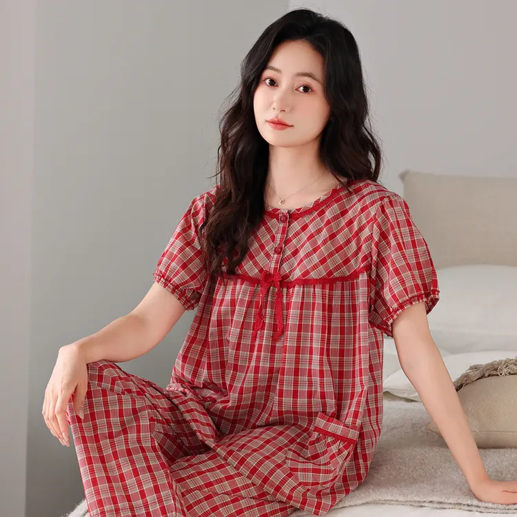 睡衣女夏季短袖长裤纯棉新款女士格子宽松开衫春秋夏天薄款家居服