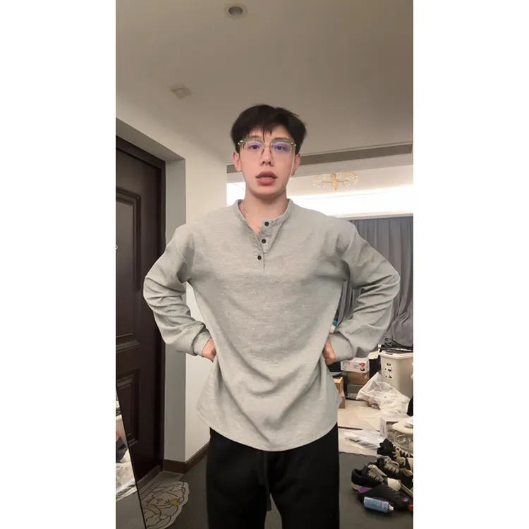 斌子同款亨利领长袖t恤男春秋美式复古重磅卫衣polo领内搭打底衫