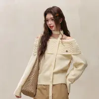 ELEVEN SLEEP春季新款麻花挂脖毛衣女慵懒风修身设计感一字肩上衣