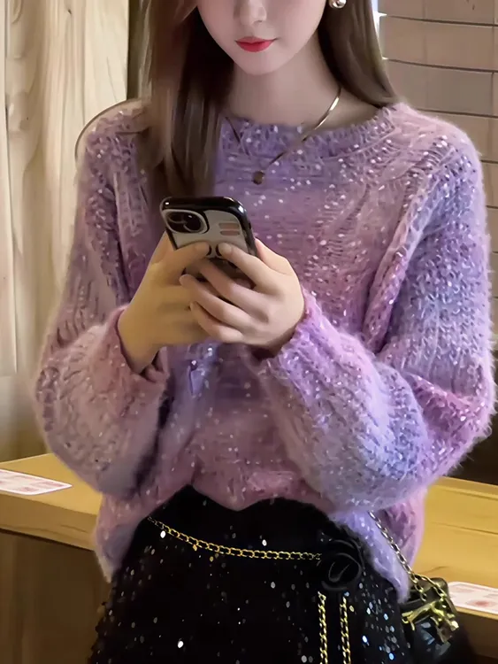 韩版时尚气质圆领撞色长袖针织衫女设计感小众别致休闲宽松上衣潮