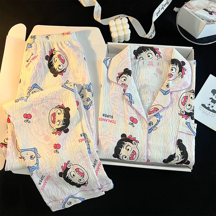 2025新款女童睡衣春秋云朵棉长袖薄款套装哪吒卡通儿童母女家居服