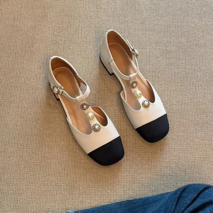 敲美~气质百搭小香风包头凉鞋女2025新款拼色穆勒鞋法式珍珠单鞋