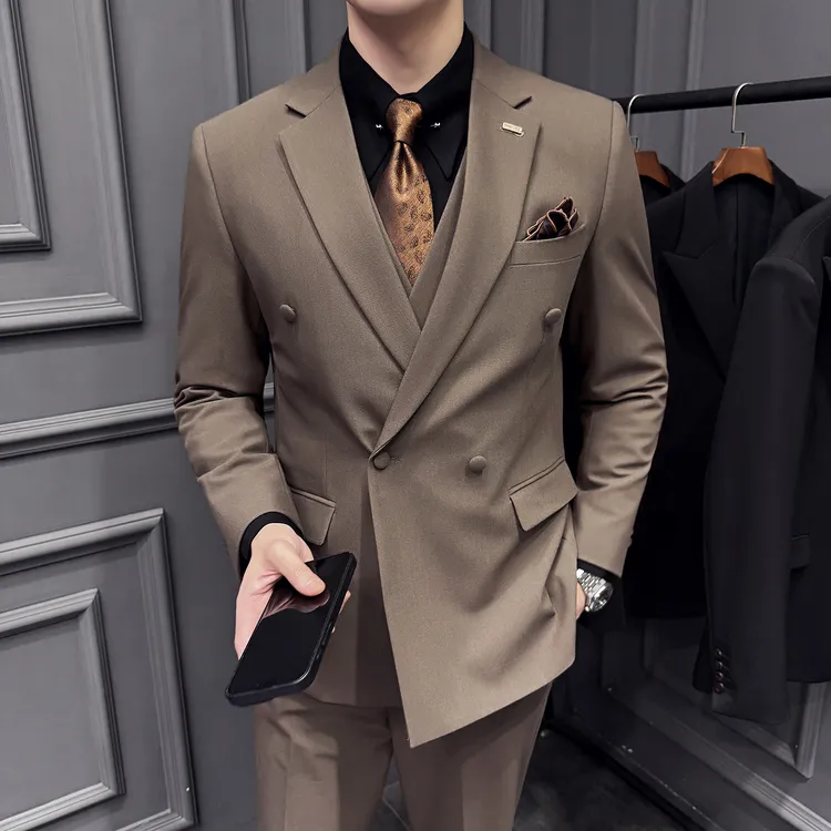 棕色西装套装男咖啡色高级感双排扣平驳领西服韩版新郎结婚礼服