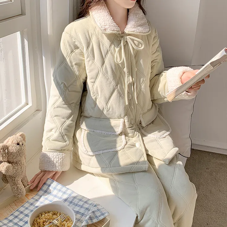 三层夹棉保暖珊瑚绒睡衣女冬季甜美可外穿加绒加厚棉袄套装家居服