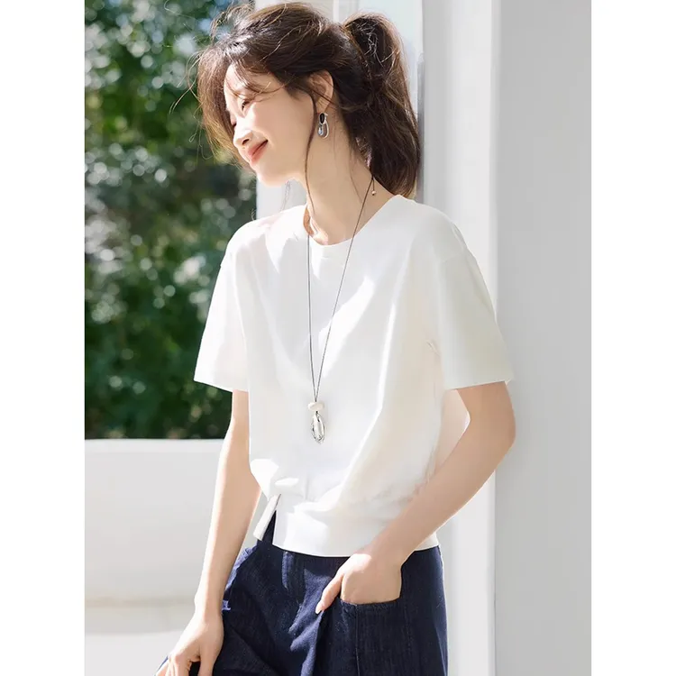 轻奢家休闲百搭设计感下摆开叉装饰扣短袖T恤2025夏季新款T恤女