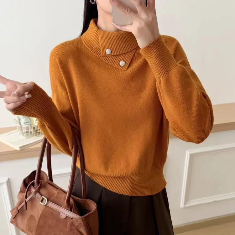 不规则翻领设计感针织衫女秋冬新款慵懒风高级百搭长袖毛衣上衣