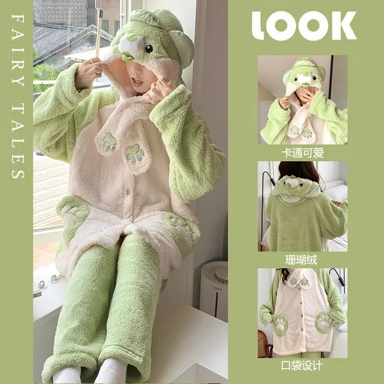 【2025新款】睡衣女可爱珊瑚绒菜狗秋冬季法兰绒加厚连帽款睡裤家居