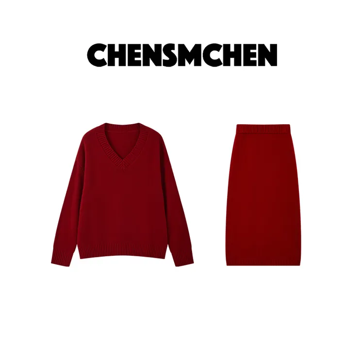 CHENSMCHEN 【樱桃红】绵羊毛开衩半裙纯色V领针织衫套装CSM11426QQ