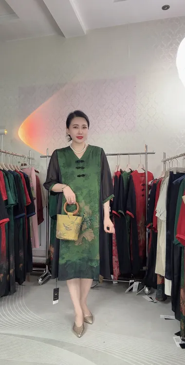 复古中长裙七分袖连衣裙夏季新中式拼接国风时尚中长款1887