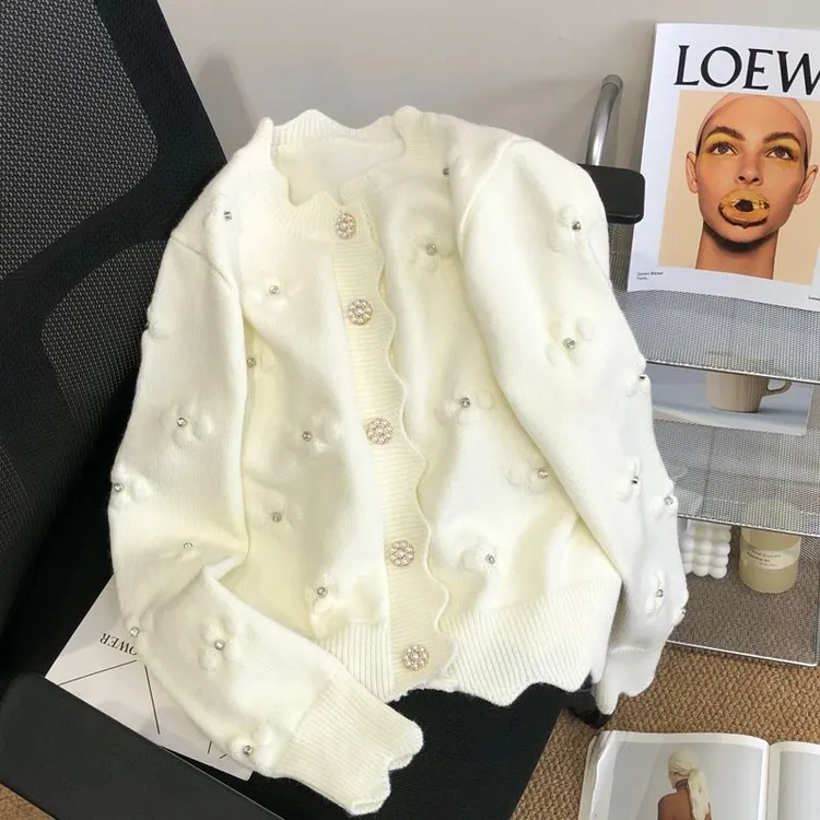 白色名媛刺绣针织开衫2025早秋上衣花朵毛衣外套春装新款外搭女装