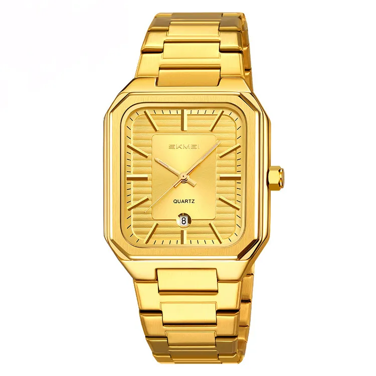 金色方形钢带手表男表防水日历石英表品牌轻奢时尚潮学生方块腕表