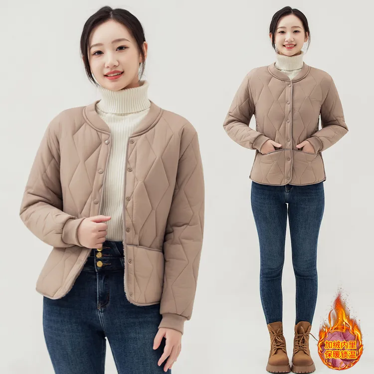 秋冬2025女士修身加绒保暖整块棉内胆短款加厚棉袄中老年轻薄外套