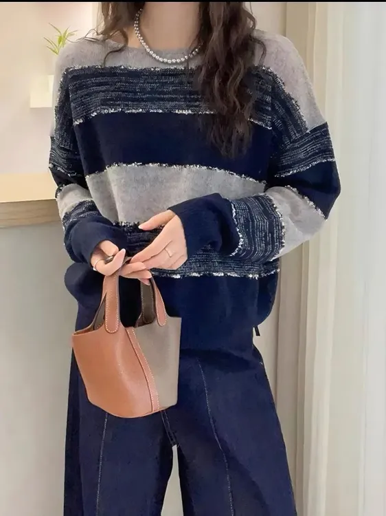 拼接针织蓝绿色条纹针织衫撞色圆领套头针织衫韩版慵懒风毛衣