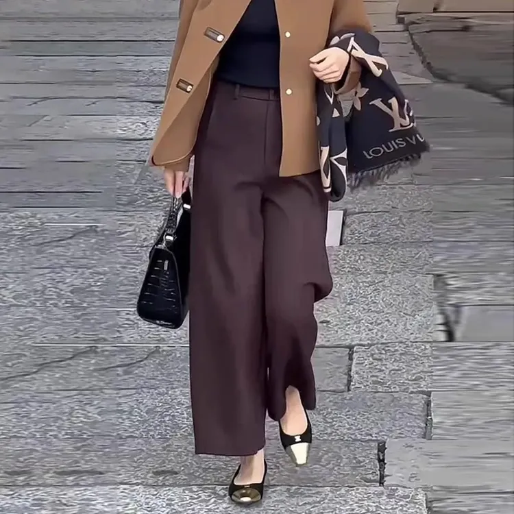 洋气咖色阔腿裤女2025春秋季烟管直筒裤子高腰显瘦垂感休闲西装裤