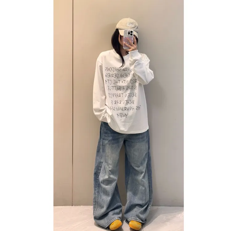 YWBY早秋爆款美式慵懒风印花圆领宽松螺口纯棉长袖休闲风情侣上衣