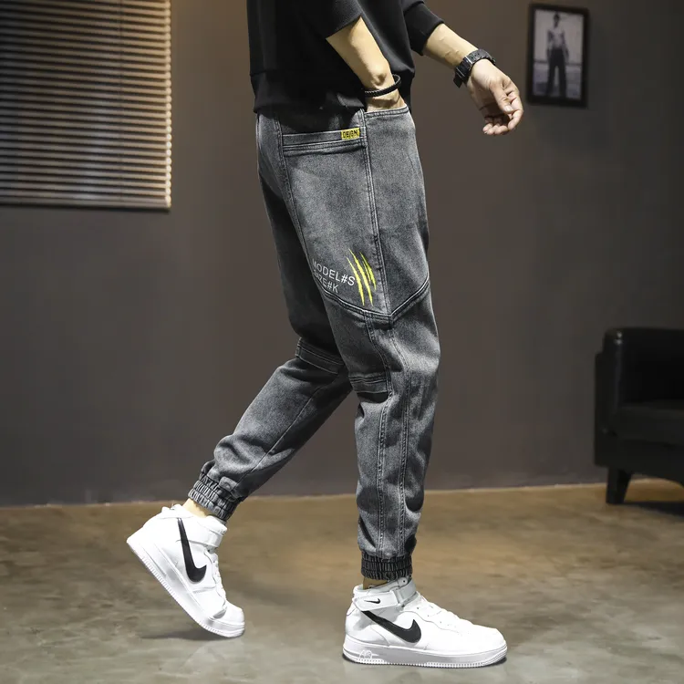 束脚裤男士系带牛仔裤哈伦裤大码秋冬宽松长裤多口袋潮流九分