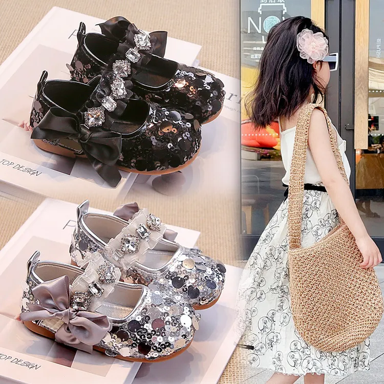 时尚洋气亮片单鞋女童皮鞋蝴蝶结小女孩公主鞋2025儿童软底豆豆鞋