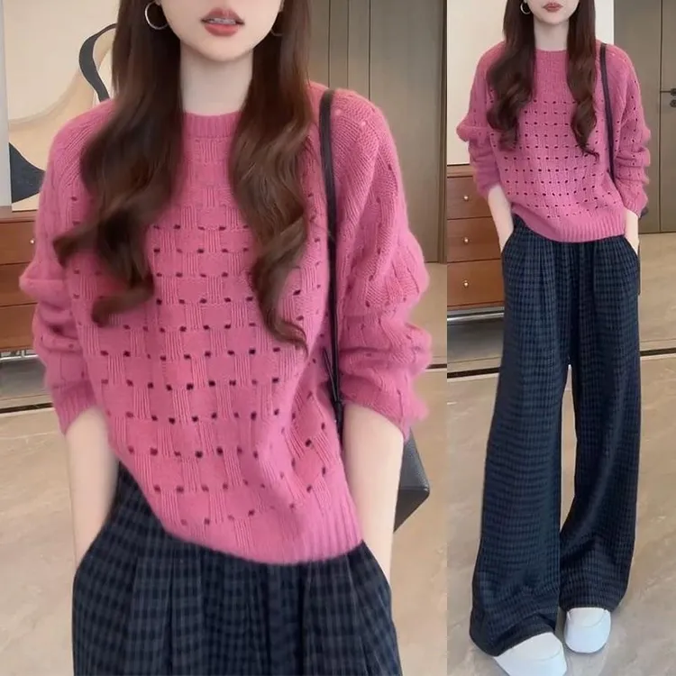 2025早秋新款纯100羊毛衫女打底棱形格毛衣袖女百搭厚款羊毛上衣