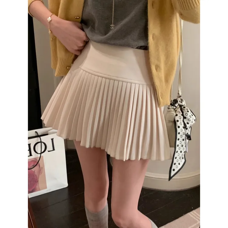 高腰毛呢百褶裙a字半身裙女2025新款秋冬小个子百搭白色呢料短裙