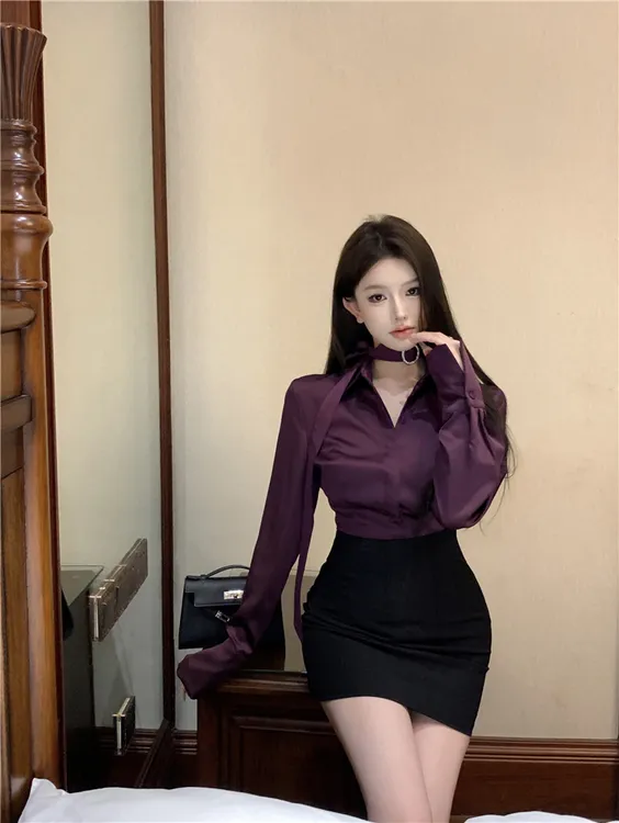 纯欲风辣妹气质百搭收腰显瘦长袖V领衬衫上衣+性感包臀半身裙套装