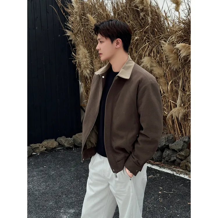 复古巴恩风「绒面肌理感」秋冬拼色翻领夹棉保暖哈灵顿男士夹克外套