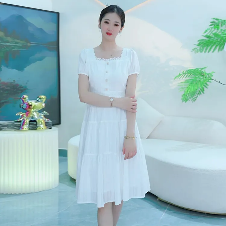 2025夏季时尚连衣裙气质显瘦小个子白色蓝色收腰简约裙子3036