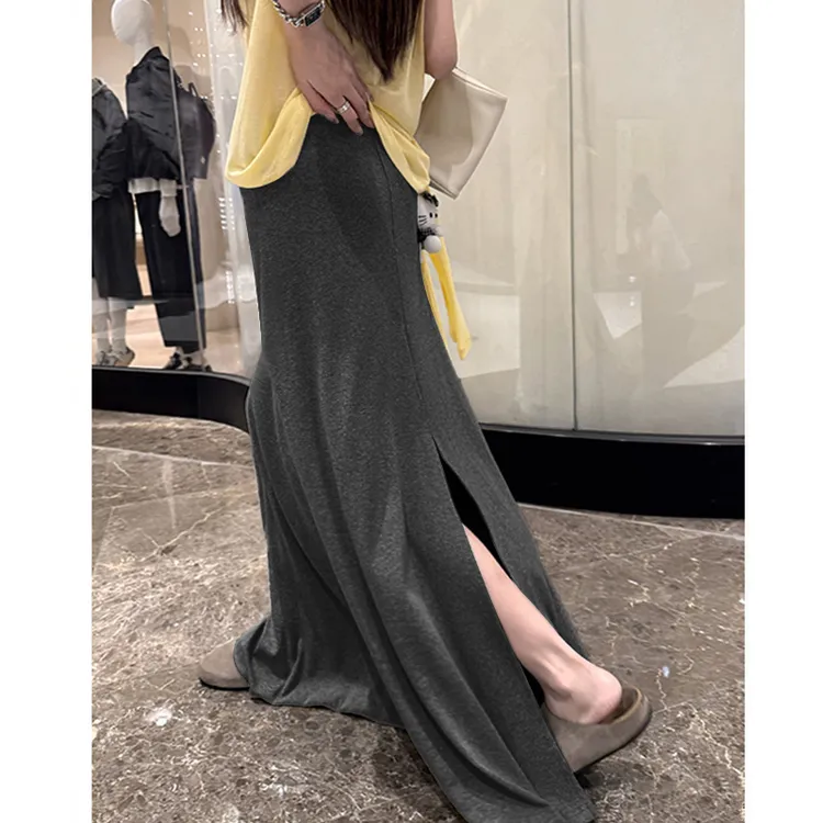 深灰色半身裙女秋季新款高腰显瘦垂坠感后开叉a字长款拖地长裙子